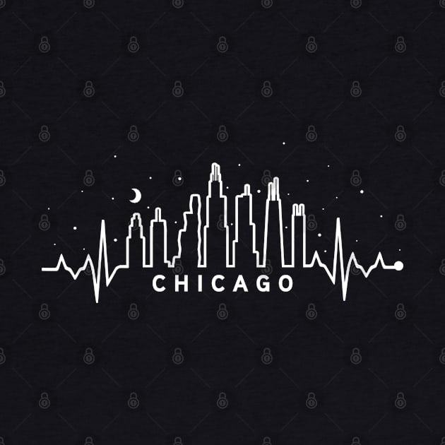 Chicago City Skyline EKG Heartbeat Night Sky Silhouette by TeeCreations